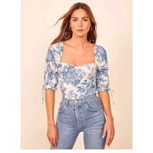 Reformation Nina Cropped Puff Sleeve Top In Olympia Blue Floral Size 2